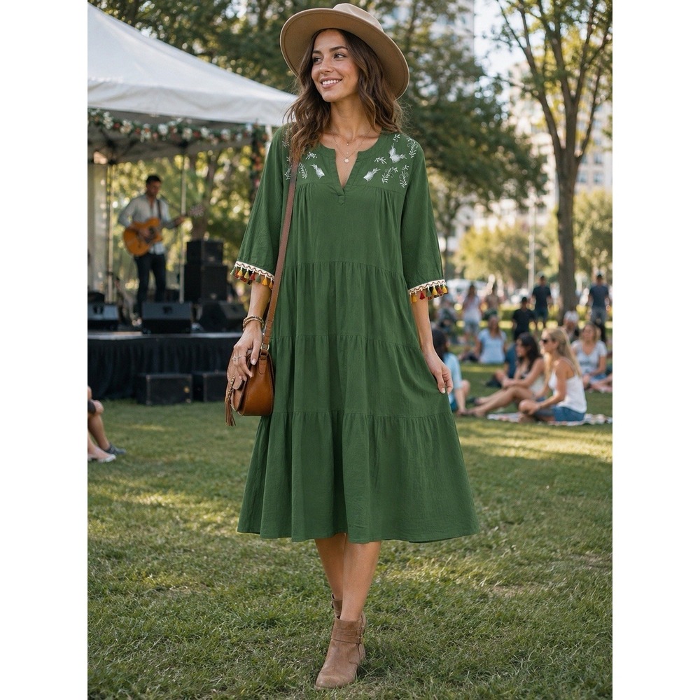 Vermont Country Store Green Midi Dress Cotton Embroidered Tiered Womens Large